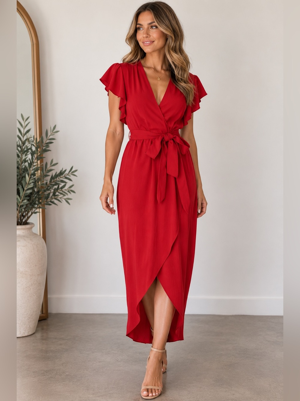 Revolve NSR Red Chiffon Flutter Sleeve Faux Wrap Dress